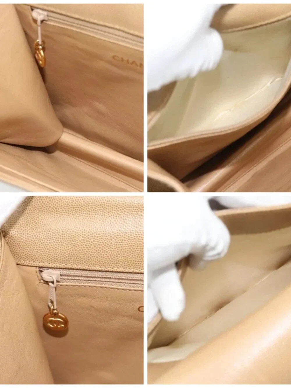 CHANEL Shoulder Bag Grained Calf Skin Beige Gold CC Auth BA2341